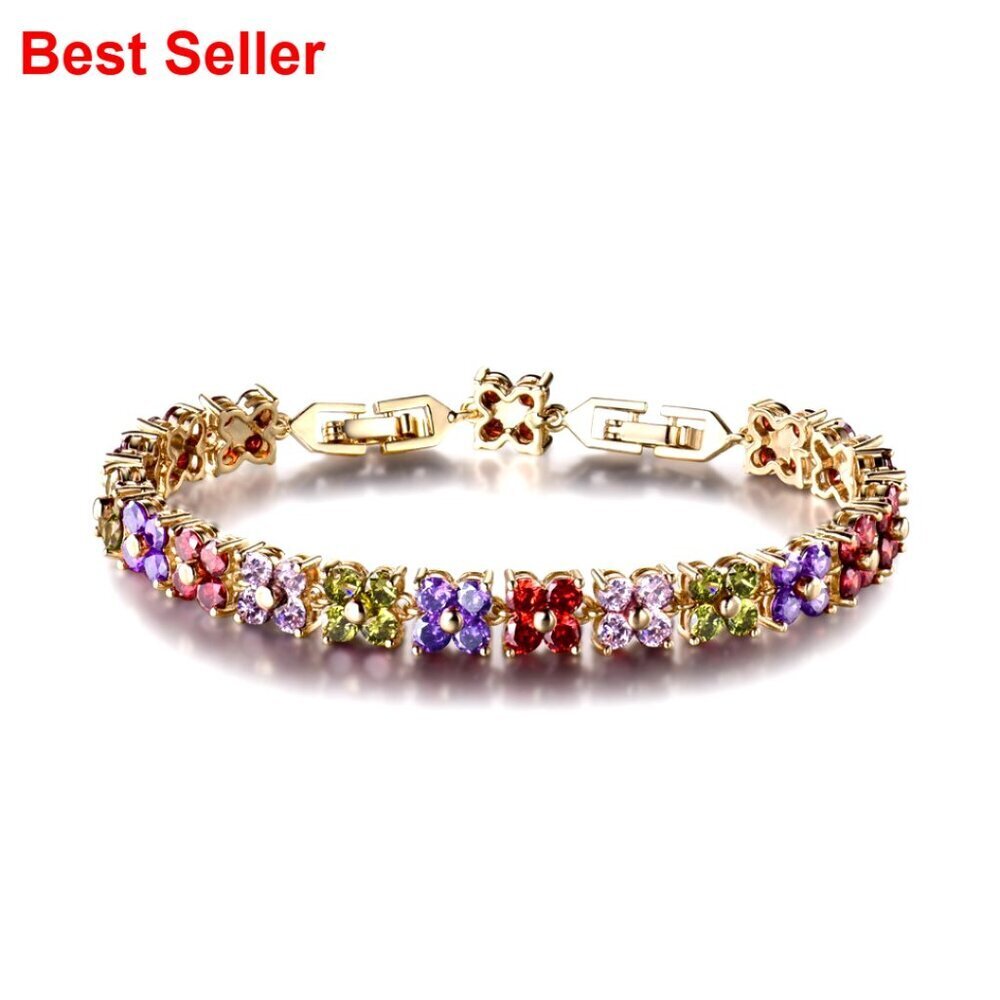 Gold Plated Brass Cubic Zirconia Tennis Bracelet with Flower Design